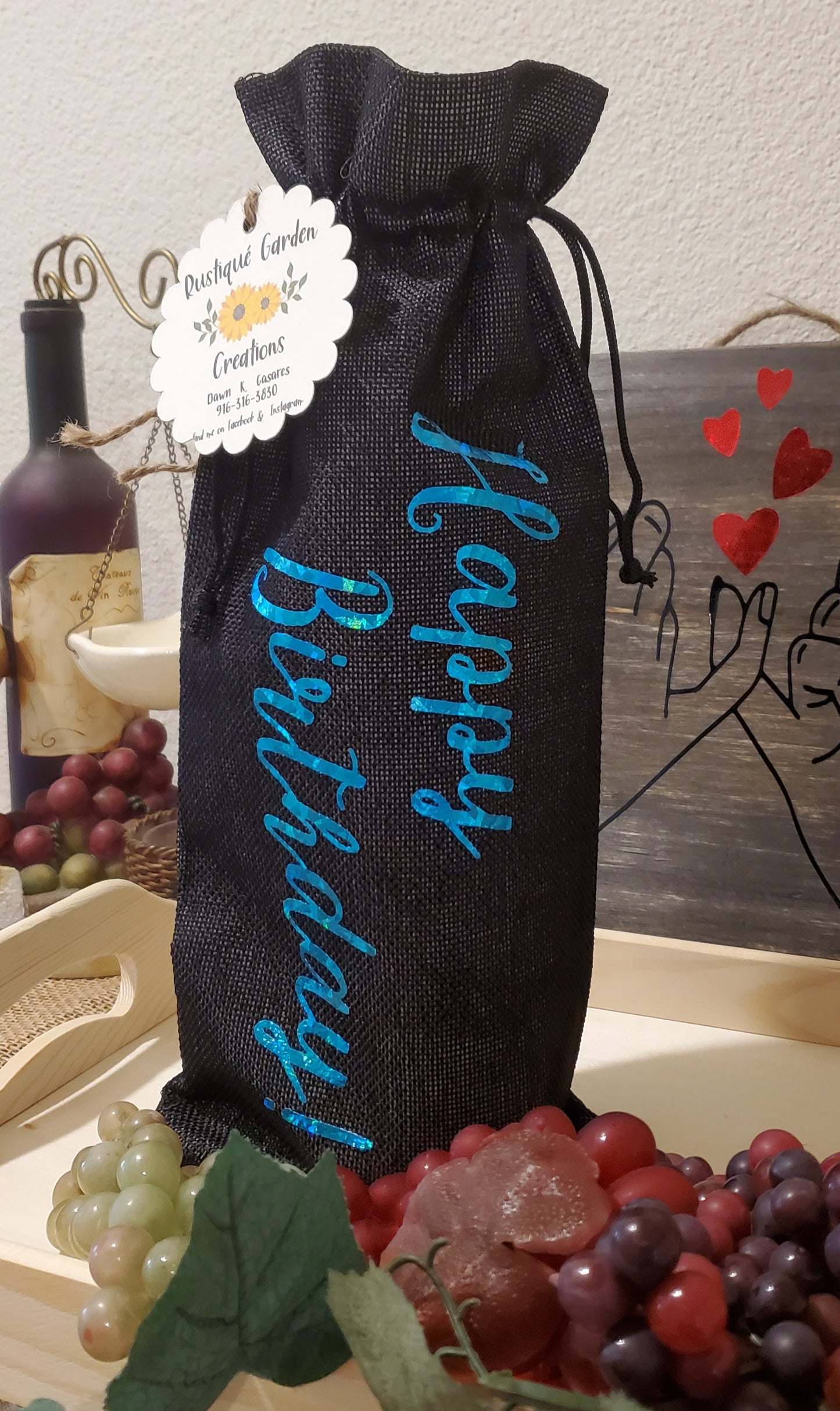 Wine Gift Bag – Black Burlap with with Blingy Blue Heat Transfer Vinyl