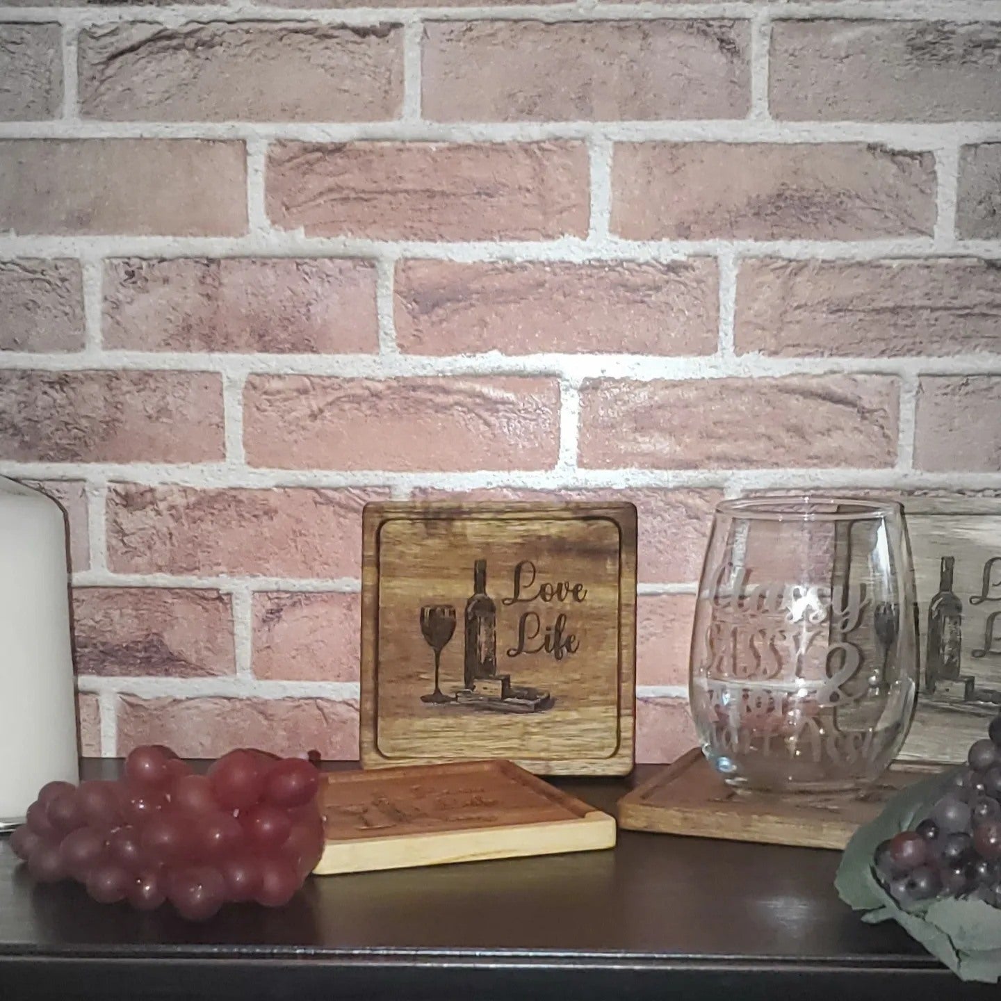 Engraved Acacia Wood Coaster Set – “Love Life” (Set of 4)