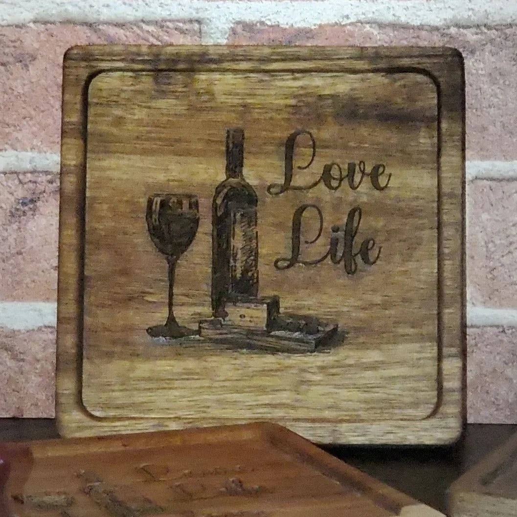 Engraved Acacia Wood Coaster Set – “Love Life” (Set of 4)