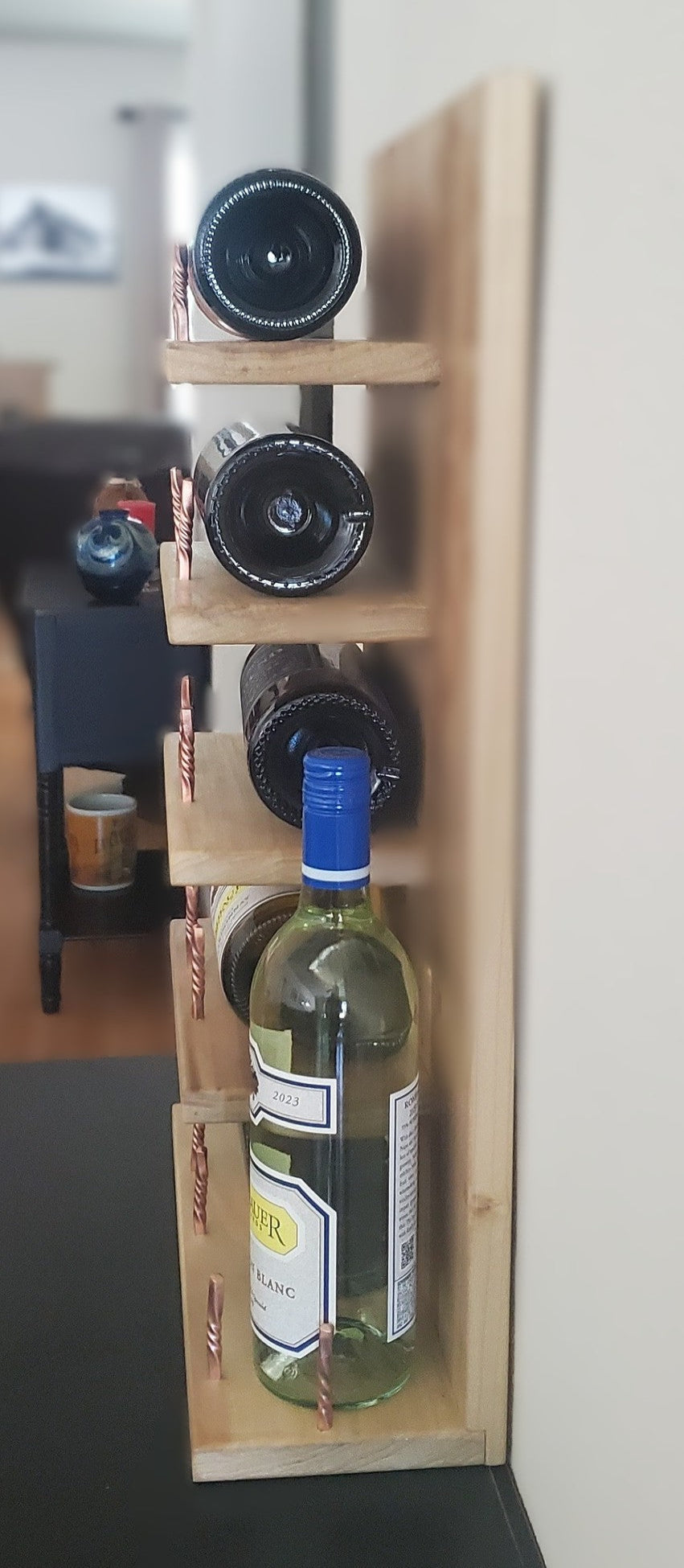 Handcrafted Wood Wine Rack with Handmade Copper Bottle Stops