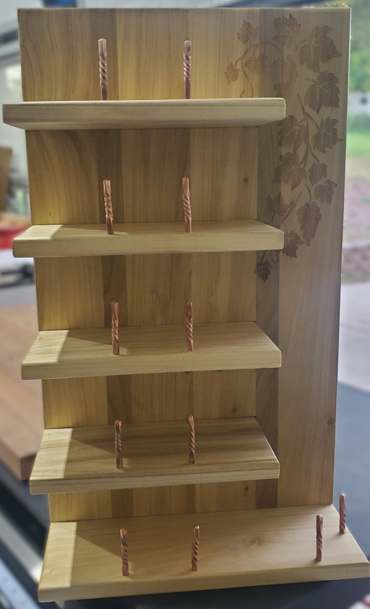 Handcrafted Wood Wine Rack with Handmade Copper Bottle Stops