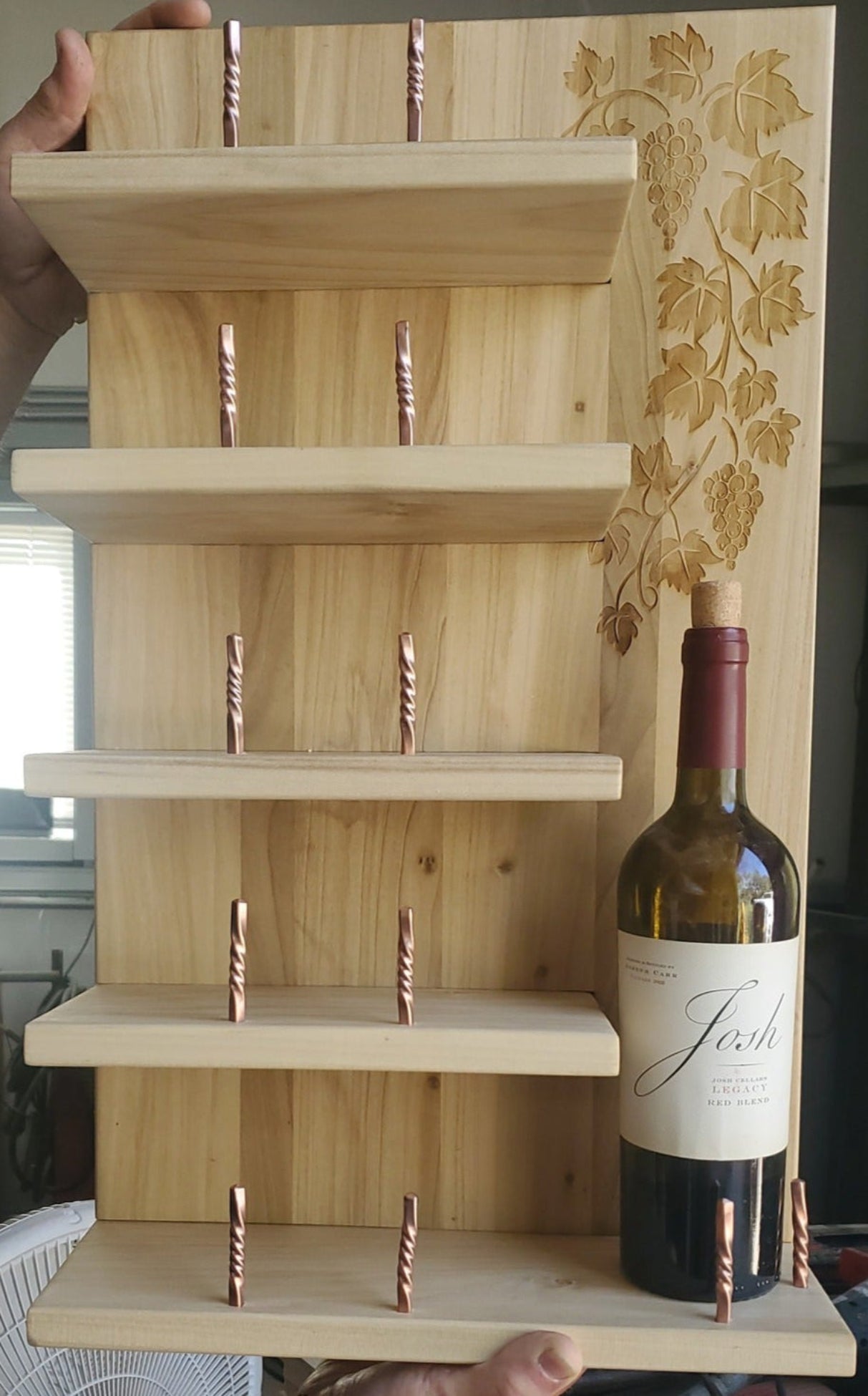 Handcrafted Wood Wine Rack with Handmade Copper Bottle Stops