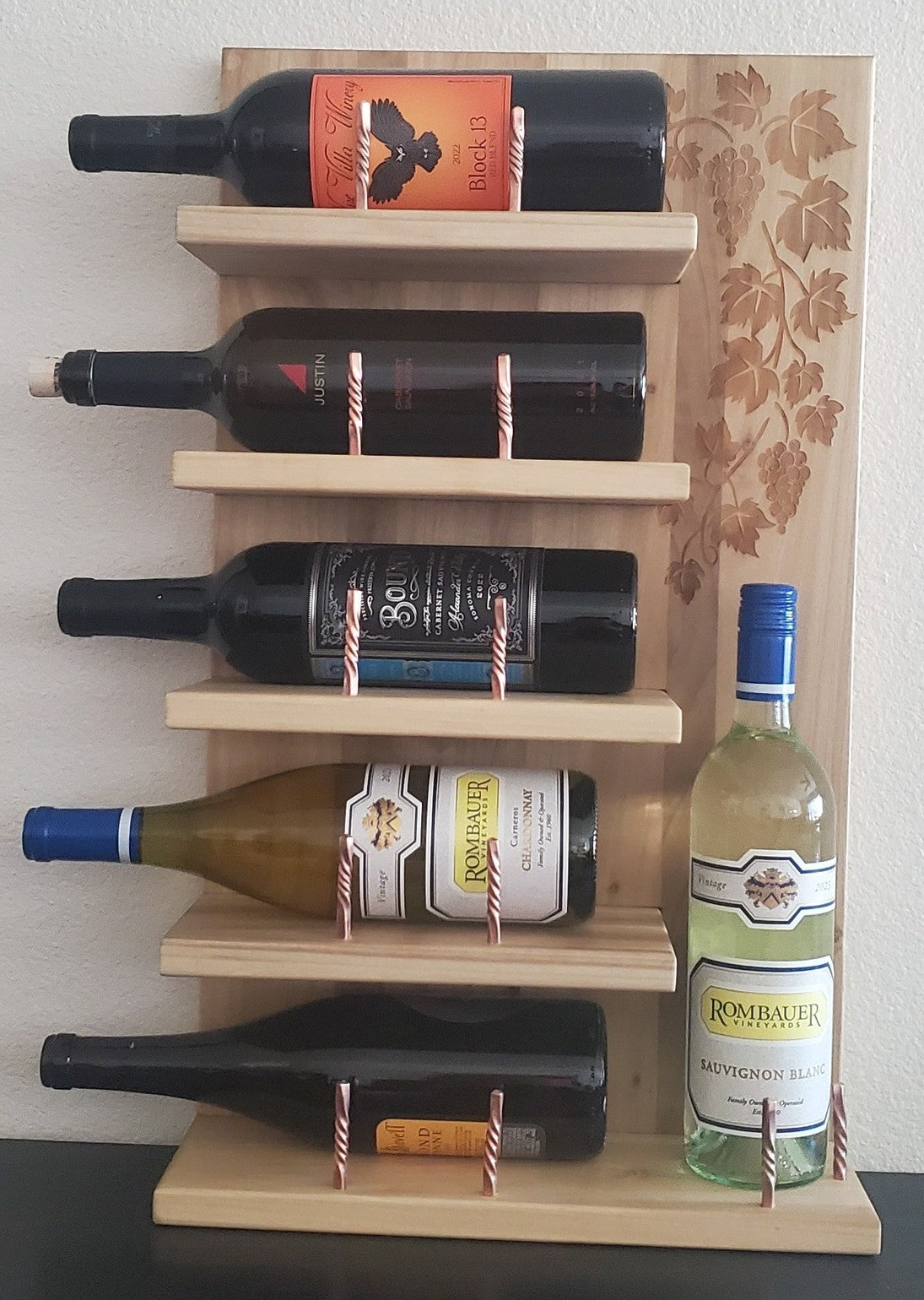 Handcrafted Poplar Wine Rack with Handmade Copper Bottle Stops